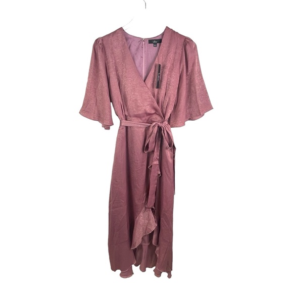 NWT Lulu's Large Wrapped Up in Love Satin Faux-Wrap Short Sleeve Midi Dress - Picture 4 of 15